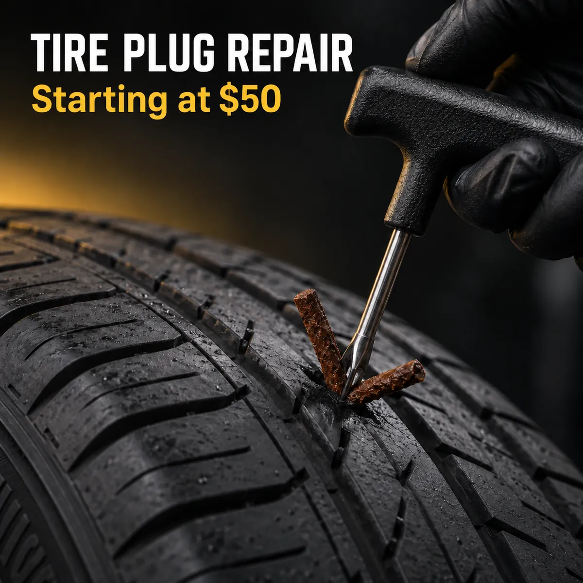 Tarjeta de precio: reparación con tapón, desde $50. Una mano con guante mete un tapón en la banda de una llanta con una herramienta en T.