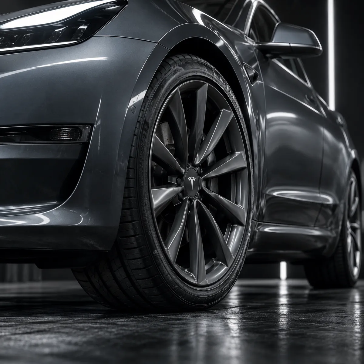 Ilustración: vista cercana de la rueda delantera de un Tesla Model 3 gris.