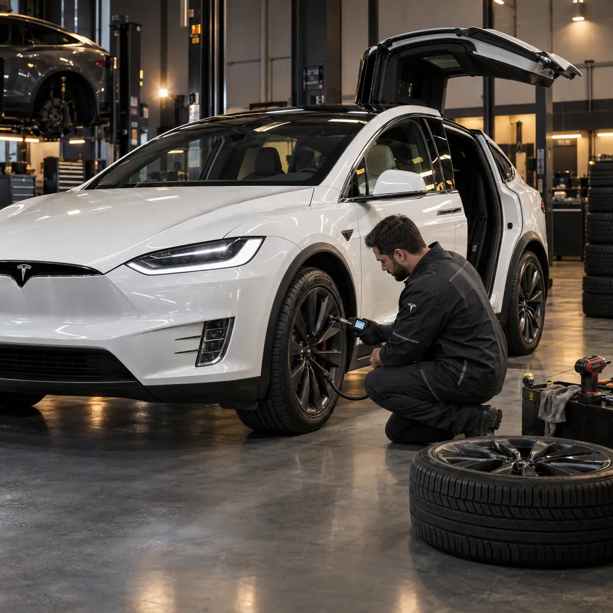 Ilustración: un técnico en la rueda delantera de un Tesla Model X blanco con la puerta halcón abierta.