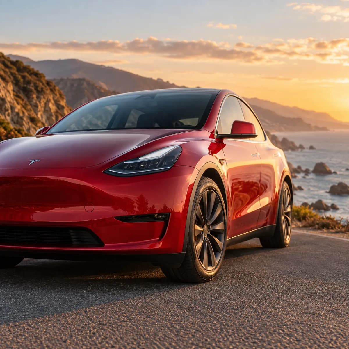Ilustración: un Tesla Model Y rojo estacionado en una carretera costera al atardecer.