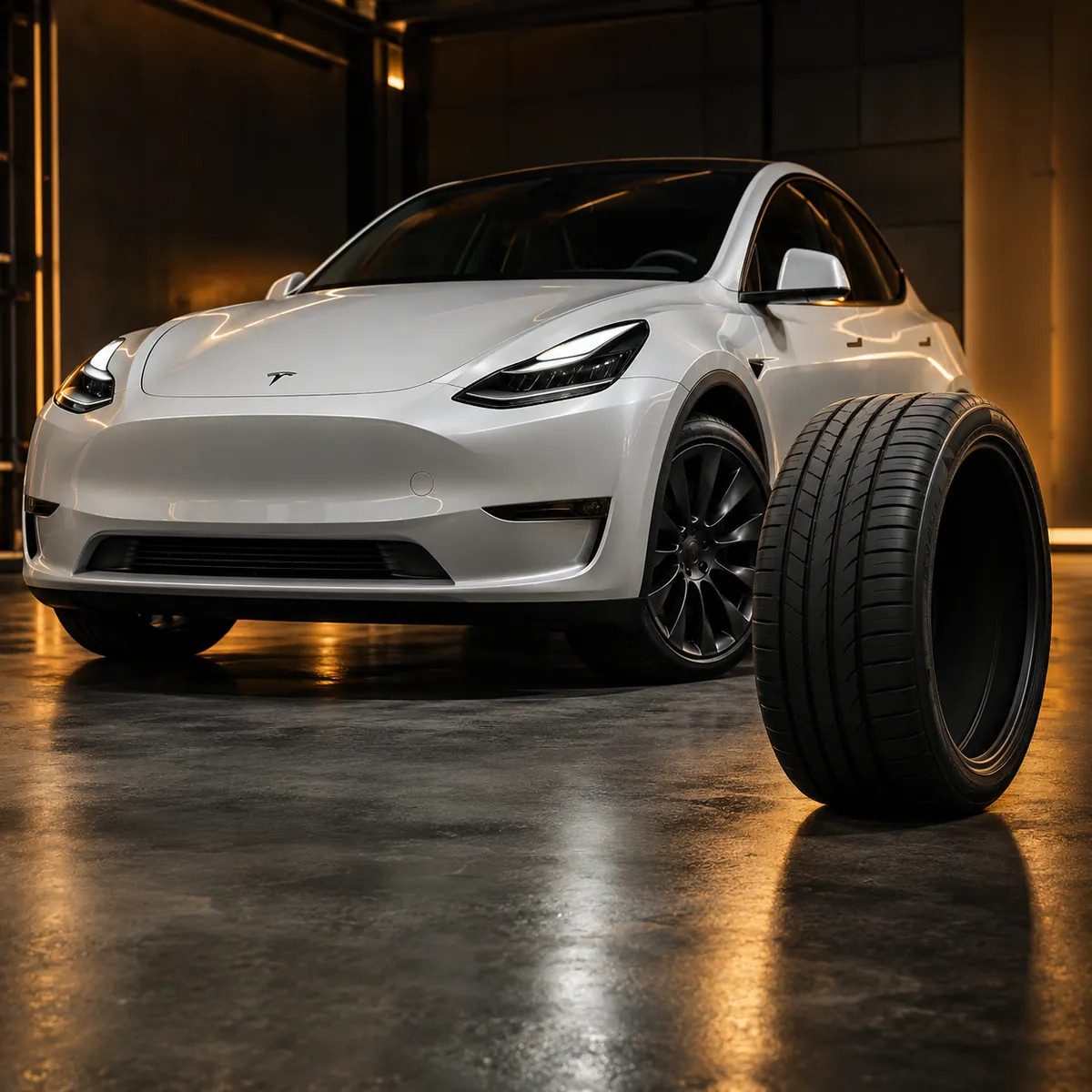 Ilustración: un Tesla Model Y blanco en una cochera oscura con una llanta nueva parada al lado.