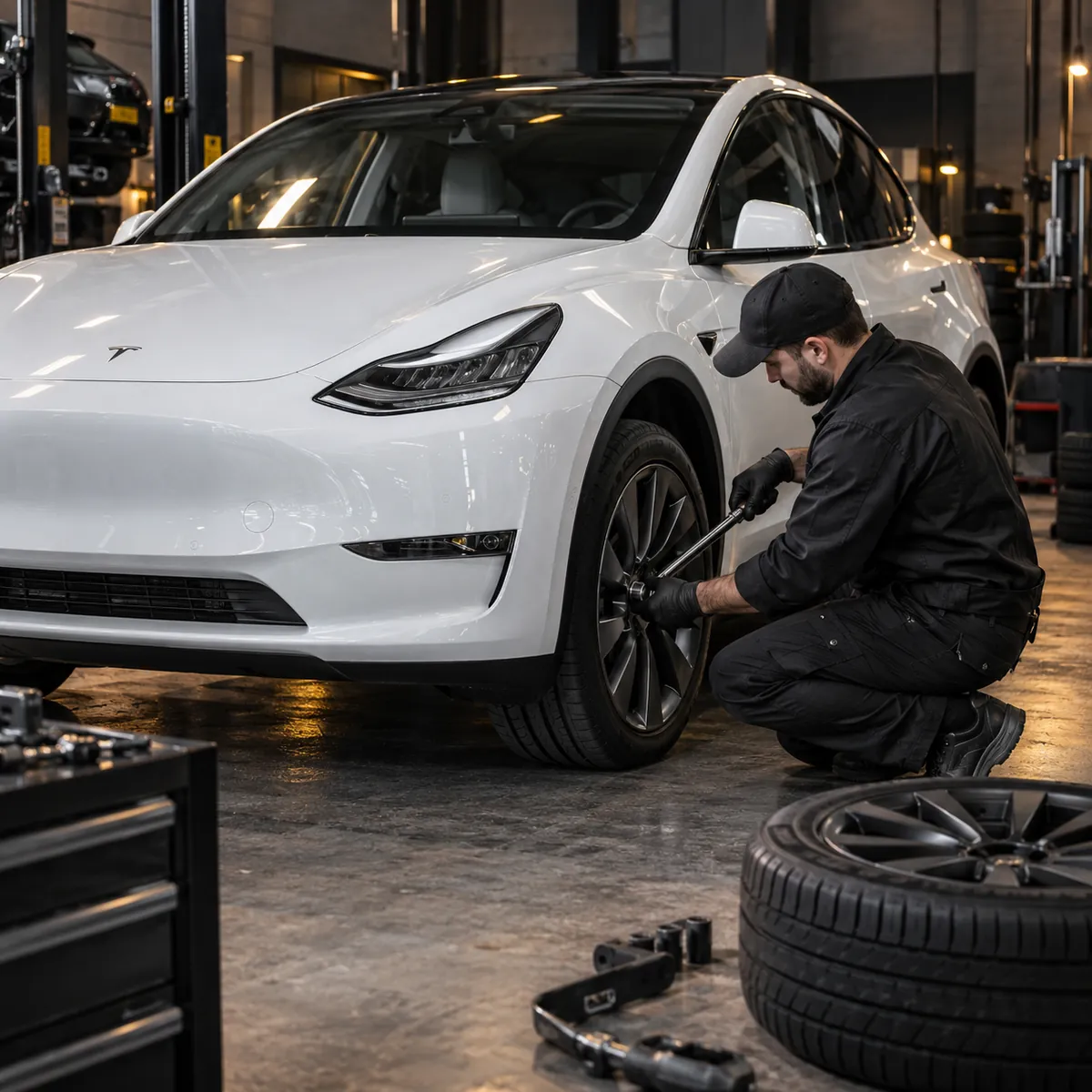 Ilustración: un técnico aplicando torque a un rin de un Tesla Model Y blanco.